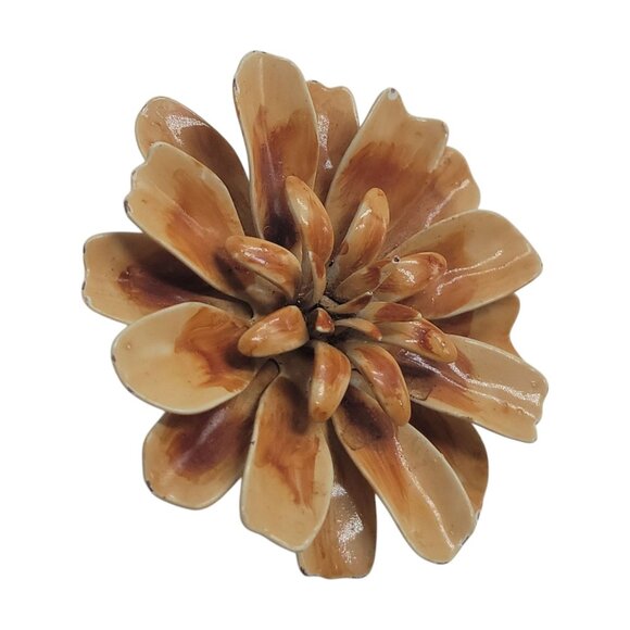 Vintage Enamel Flower Brooch Pin Brown Cream Retro Boho 3D 2.5" 1960s - Picture 4 of 8